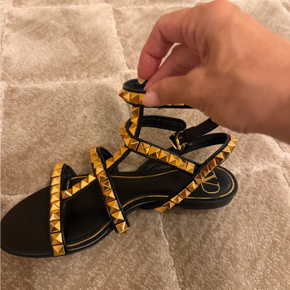 Valentino Black Leather Sandal with Gold Pyramid Studs and Ankle Strap - Picture 3 of 7